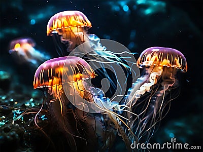 Macro Magic: Illuminated Jellyfish Dazzle within an Enchanting Underwater Cave Stock Photo