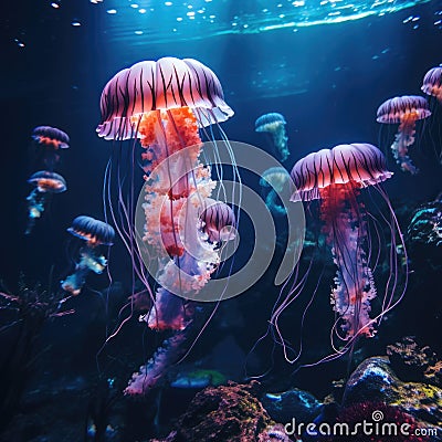 Glowing jellyfish underwater. Neon jellyfish Stock Photo