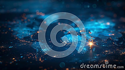 A glowing key stands upright on a dark, stylized digital world map, symbolizing global data access, security, and connectivity Stock Photo