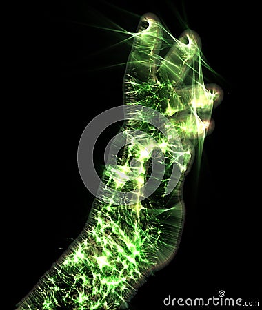 Glowing kirlian aura photography with green corona of a male human hand Stock Photo