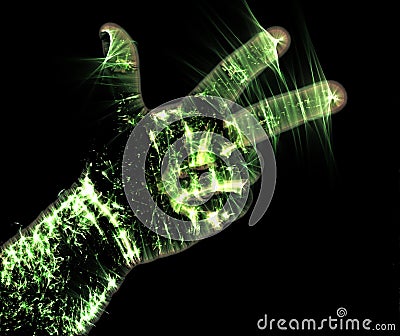 Glowing kirlian aura photography with green corona of a male human hand Stock Photo