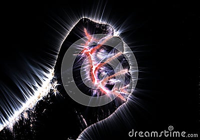 Glowing kirlian aura photography of a human male hand showing different signs and symbols Stock Photo