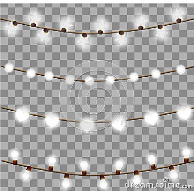 Glowing lamp Garlands on a transparent background. Vector lamp in the form of a ball. hearts, stars, illustration of Vector Illustration