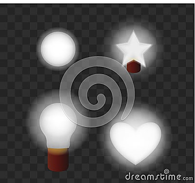 Glowing lamps on a transparent background. Vector lamp in the form of a ball. hearts, stars, belfry illustration of light effects Vector Illustration