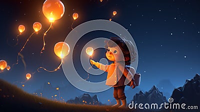 Glowing Lantern: Detailed Animation Of A Little Boy In Dreamy Realism Cartoon Illustration