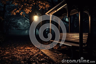 a glowing lantern hanging from a park bench, with a path leading into the darkness Stock Photo