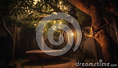 Glowing lantern hangs from antique tree outdoors generated by AI Stock Photo