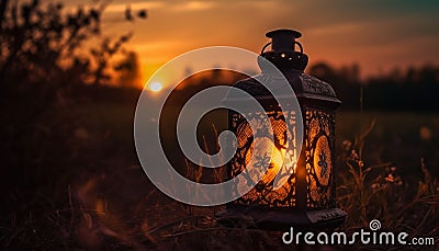 Glowing lantern illuminates antique tree at dusk generated by AI Stock Photo