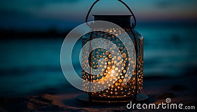 Glowing lantern illuminates old fashioned candle on sand generated by AI Stock Photo