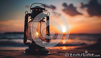 Glowing lantern illuminates romantic sunset on coastline generated by AI Stock Photo