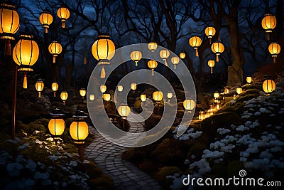 Glowing lanterns illuminating a serene New Year's garden Stock Photo