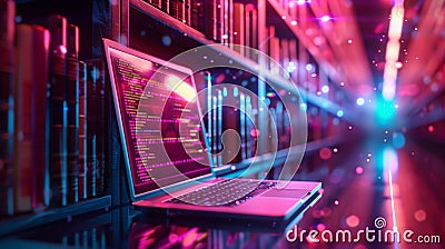 A glowing laptop shows programming code in a colorful library, highlighting the fusion of technology and knowledge in a modern Stock Photo