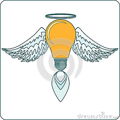 Glowing Light Bulb with Angel Wings, Halo and a Vector Illustration