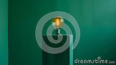 Glowing light bulb on block with room for text on plain background for versatile messaging Stock Photo