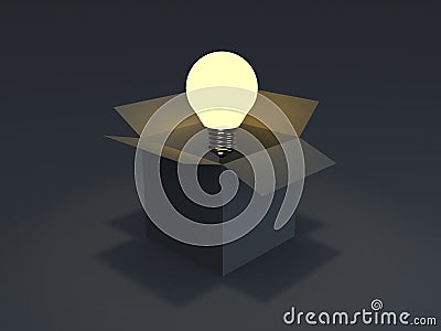 Glowing light bulb float over opened card box Stock Photo