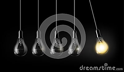 Glowing light bulb is among a lot of turned off light bulbs on dark blue background , concept idea, perpetual Motion concept, an a Vector Illustration