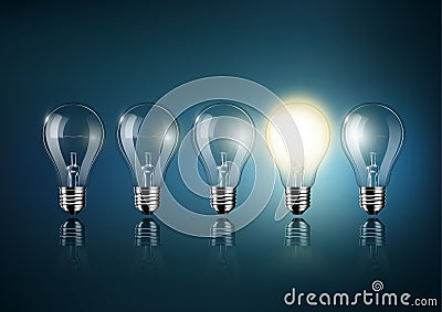 Glowing light bulb is among a lot of turned off light bulbs on dark blue background , concept idea , Transparent Vector Vector Illustration