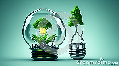 Glowing light bulb with plant inside and growing fir-tree tree from light Bulb socket. Generative AI Stock Photo