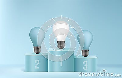 Glowing light bulb podium on minimal scene, Sustainable energy efficient concept, business idea competition Vector Illustration