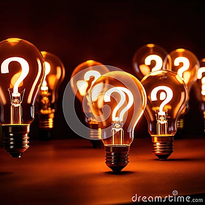 Glowing light bulb with question mark, indicating curiosity and questioning knowledge Stock Photo
