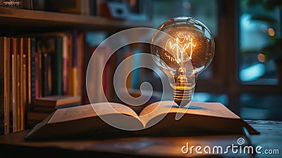 A glowing light bulb sits atop an open book, symbolizing knowledge and inspiration. The bookshelf in the background adds to the Stock Photo