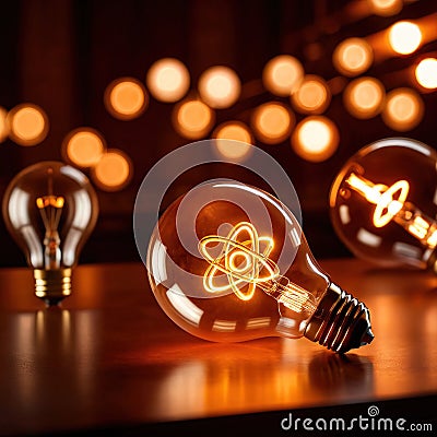 Glowing light bulbs with atomic energy symbol, showing nuclear powered electricity Stock Photo