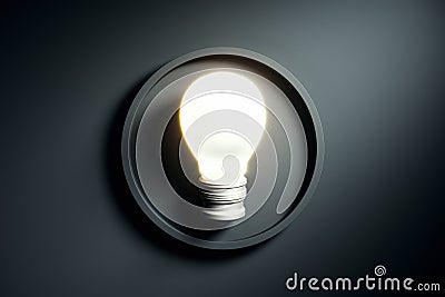 Glowing lightbulb in circular frame against matte dark background. 3D Rendering Stock Photo