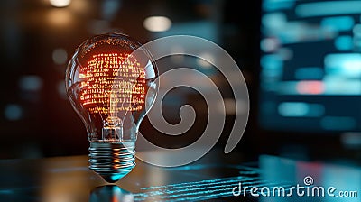 glowing lightbulb made of holographic code and binary numbers, symbolizing innovation and technology. intricate design showcases Stock Photo