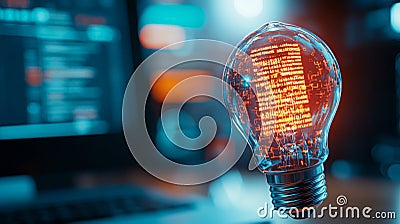 glowing lightbulb made of holographic code matrix, symbolizing innovation and technology. background features blurred computer Stock Photo