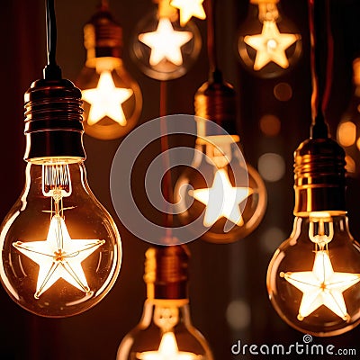 Glowing lightbulbs with star symbols, symbolizing bright future with successful hopes and dreams Stock Photo