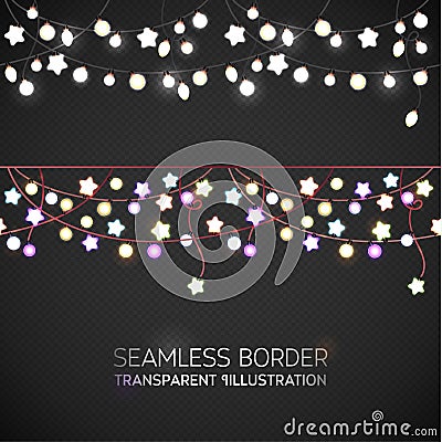 Glowing Lights Garland Illustration. Garland is seamless border. Holiday Background. Realistic luminous garland Background. Garlan Vector Illustration