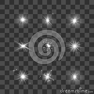 Glowing lights, stars and sparkles set. Stars collection on dark transparent background. Vector illustration Vector Illustration