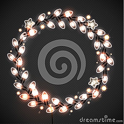 Glowing Lights Wreath Garland Illustration. Holiday Background. Realistic luminous garland Background. Christmas decoration. Trans Vector Illustration