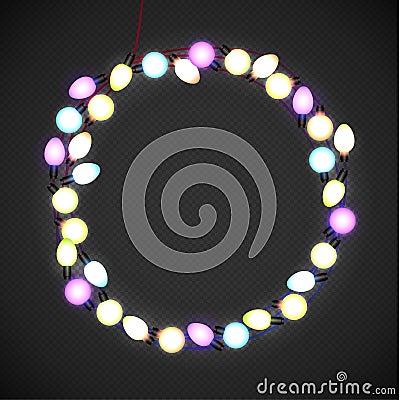 Glowing Lights Wreath Garland Illustration. Holiday Background. Realistic luminous garland Background. Christmas decoration. Trans Vector Illustration