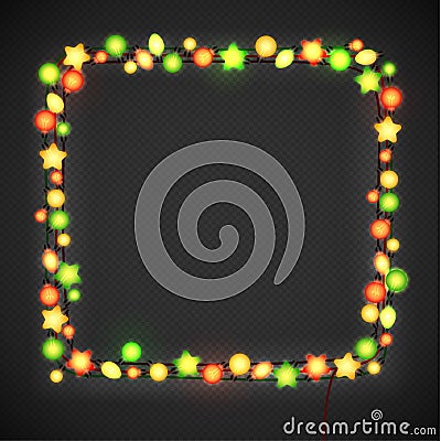 Glowing Lights Wreath Garland Illustration. Holiday Background. Realistic luminous garland Background. Christmas decoration. Trans Vector Illustration