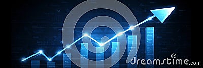 Glowing Line Chart with Ascending Arrow on Dark Blue Background, Digital Data Visualization Stock Photo