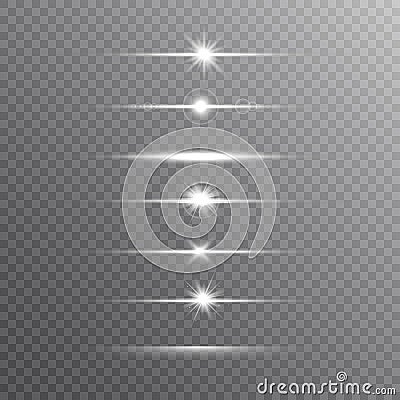 Glowing line set on transparent background. Shine beams. Realistic lens flare set. Flash with rays and spotlight. Glowing lights, Vector Illustration