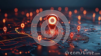 glowing location pin stands out on dark city map surrounded by multiple pins creating vibrant and modern visual representation Stock Photo