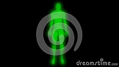 Glowing man arms down. Internal smoke effect in body silhouette. 3d rendering illustration. Green color Cartoon Illustration