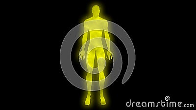 Glowing man arms down. Internal smoke effect in body silhouette. 3d rendering illustration. Yellow color Cartoon Illustration