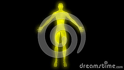 Glowing man raising arms. Internal smoke effect in body silhouette. 3d rendering illustration. Yellow color Cartoon Illustration