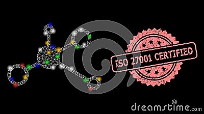 Textured ISO 27001 Certified Seal and Net Masternode with Glitter Dots Vector Illustration