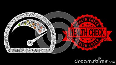 Textured Health Check Seal and Bright Polygonal Mesh Speed Gauge with Light Spots Vector Illustration