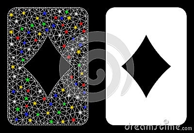 Glowing Mesh Wire Frame Diamonds Gambling Card Icon with Light Spots Vector Illustration