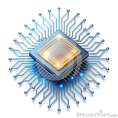 Glowing microchip with floating digital data flow Stock Photo