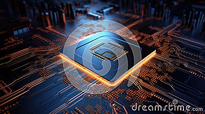 Glowing modern processor. Big illuminated graphic processor surrounding by other electrical components Stock Photo