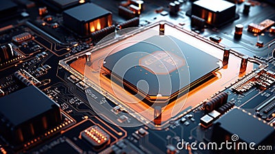 Glowing modern processor. Big illuminated graphic processor surrounding by other electrical components Stock Photo
