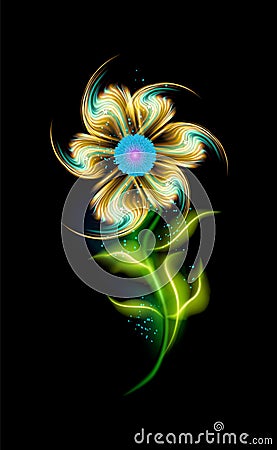 Glowing modern yellow flower vector pattern. Colorful ornamental element floral in black background. Beautiful trendy ornaments Vector Illustration