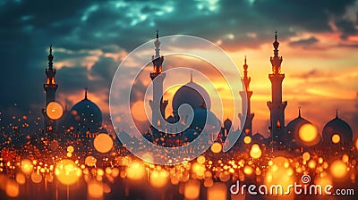 Glowing mosques, twinkling lights, embodying the spirituality and reverence of Ramadan with copy space Stock Photo