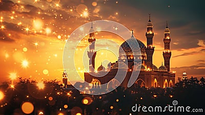 Glowing mosques, twinkling lights, embodying the spirituality and reverence of Ramadan with copy space Stock Photo